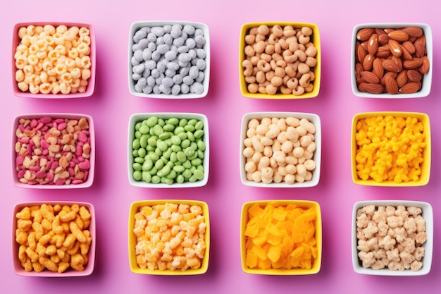Various types of colorful cereal boxes on a pink background seen from above