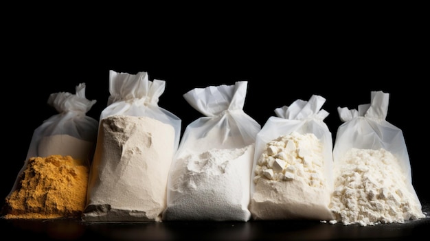 Photo various types of culinary flour in a row black background ai generated