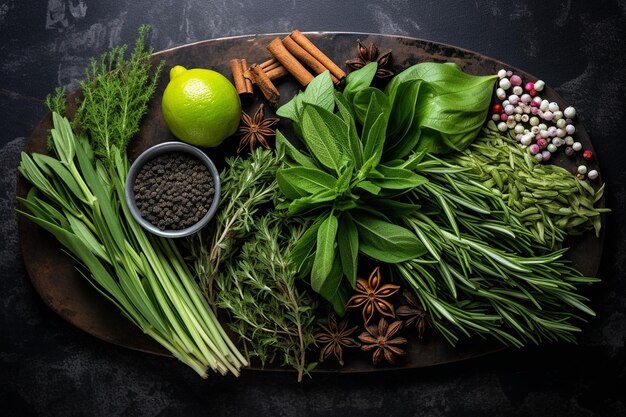 Photo various types of fresh herbs on a split background