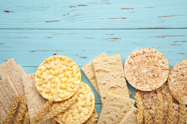 Various types of healthy whole grain crispbreads
