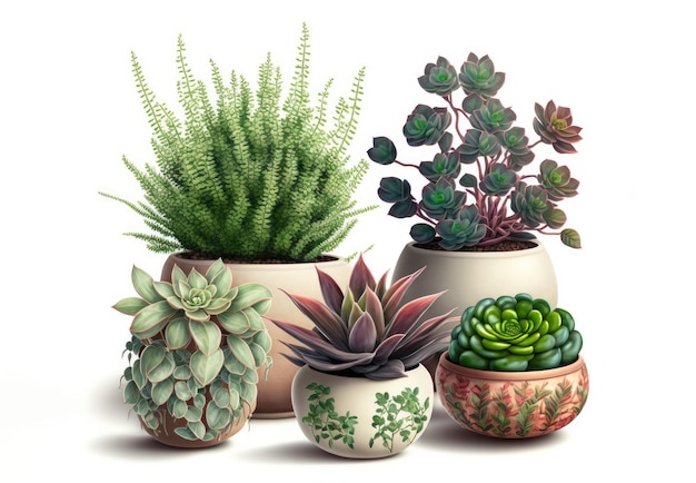 Various types of house plants clay pots on white background Generative AI