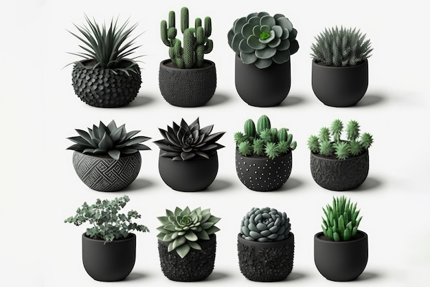 Various types of house plants clay pots on white background Generative AI