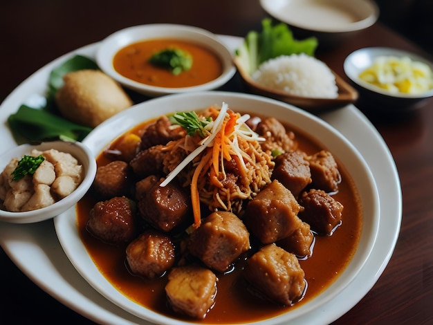 Various types of Indonesian Nasi Padang dishes served on plates