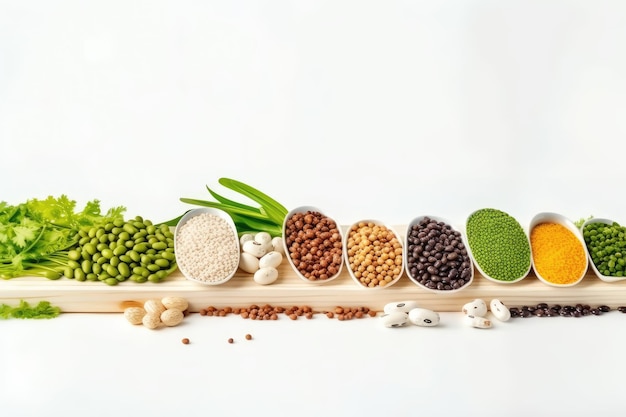Various types of legumes on white background Healthy food concept