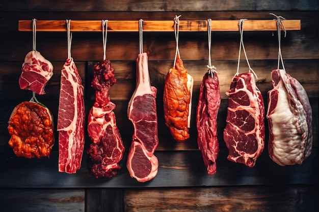 판매를 위해 훈제 및 경화된 다양한 종류의 고기 어두운 배경에 다양한 육류 제품