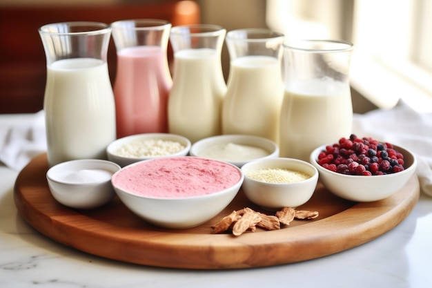 Various types of milks and yogurts for smoothie bowl bases