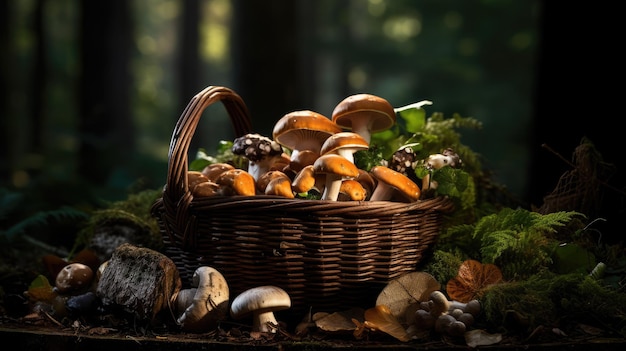 Various types of mushrooms gathered in a rustic basket on a forest floor Generative AI