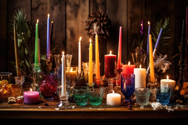 Various types of new years candles on a table