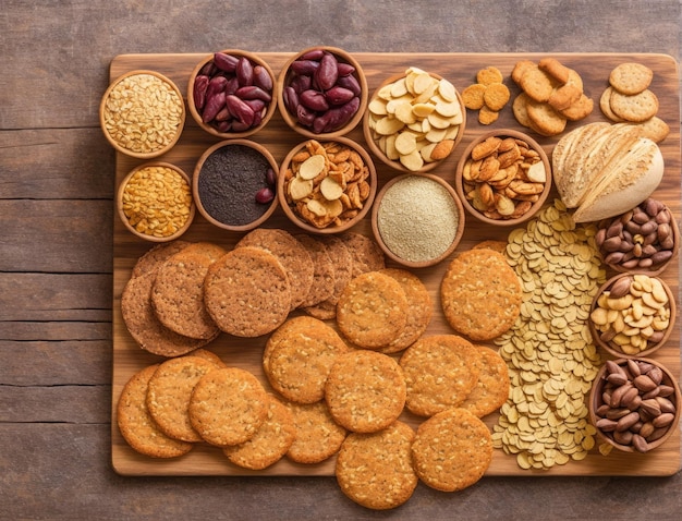 various types of nuts and crackers on a white background