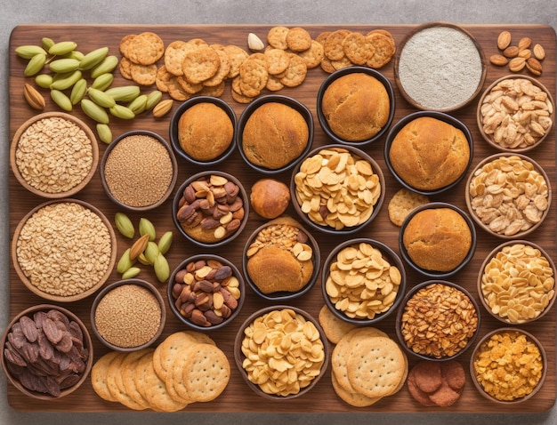 various types of nuts and crackers on a white background