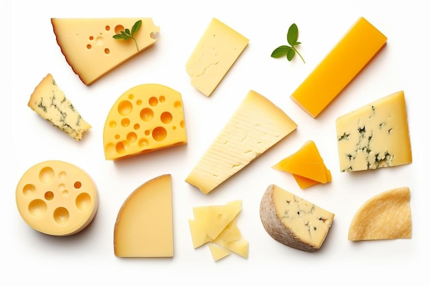写真 白い表面にさまざまな種類のチーズ