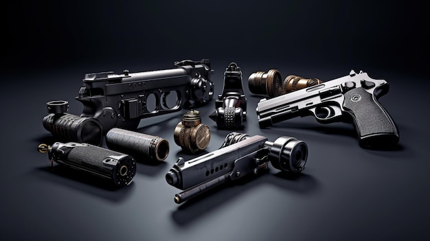 写真 テーブルの上に提示された様々な種類の短銃と長銃