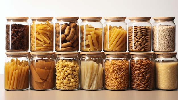 Various types of pasta in glass jars on white background