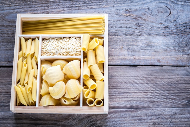 Various types of pasta in the wooden container