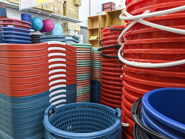 Various types of plastic baskets are sold in convenience stores