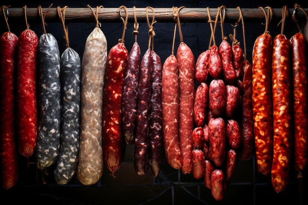 Various types of smoked sausages and meats smoked and cured for sale A wide range of meat products Homemade sausages on a dark background