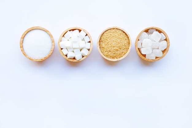 Various types of sugar on white 