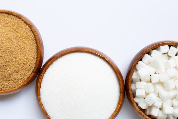 Various types of sugar on white