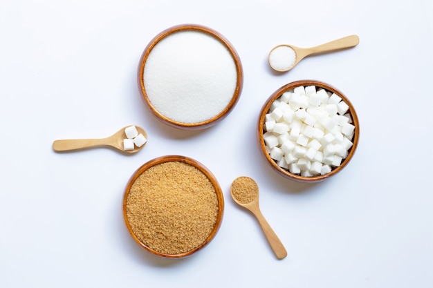 Various types of sugar on white