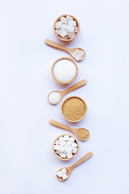 Various types of sugar on white 