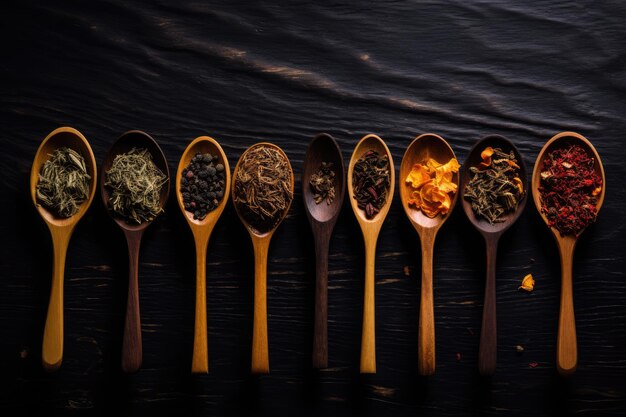 Photo various types of tea displayed on a black table using wooden spoons