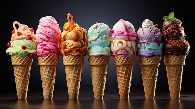 Various varieties of ice cream in cones Generative Ai