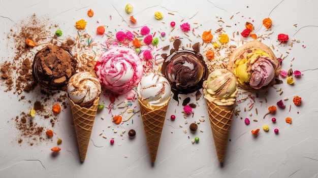 Various varieties of ice cream in cones isolated
