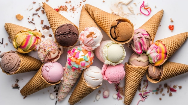 Various varieties of ice cream in cones isolated