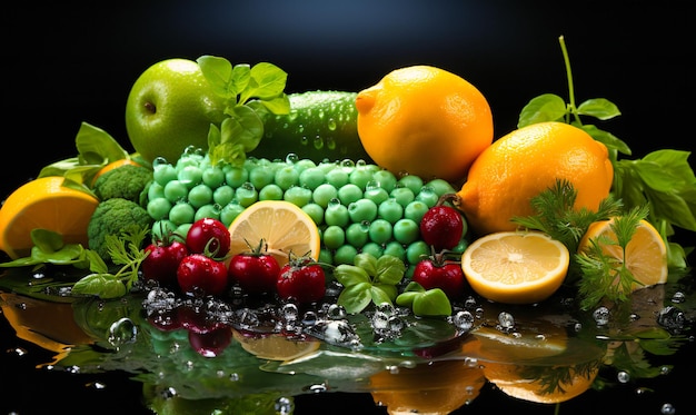 사진 다양한 채소와 과일이 검은 표면에 물 속에 있다