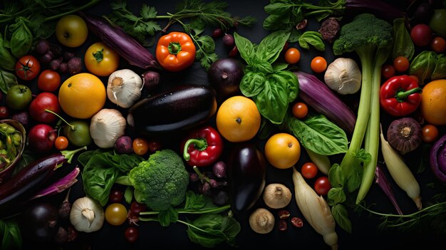 various vegetables and fruits on a black background