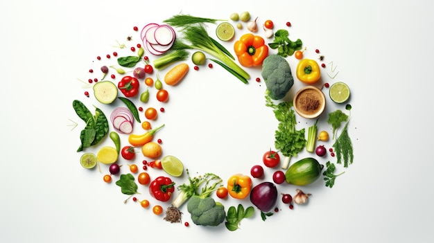 Различные овощи и здоровая пища в кругу на белом фоне