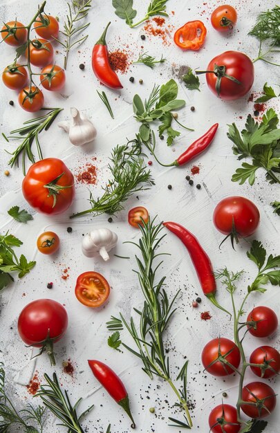 Photo various vegetables and herbs on white background flatlay