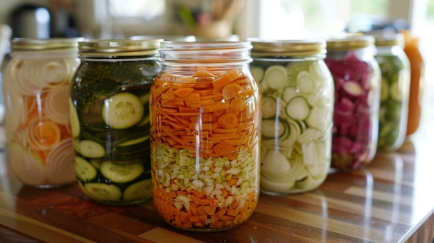 Various vegetables sliced and preserved in mason jars lined up in a row