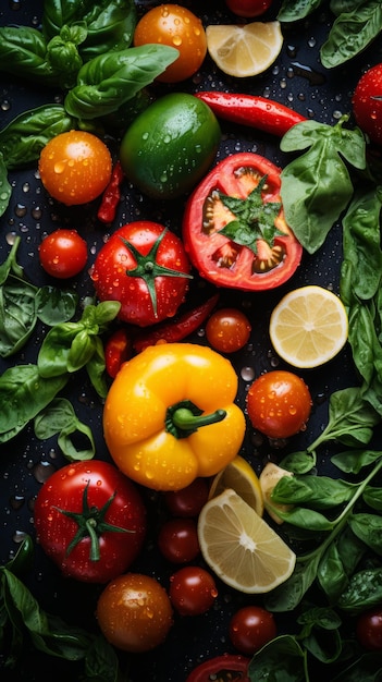 various vegetables and tomatoes on a black background