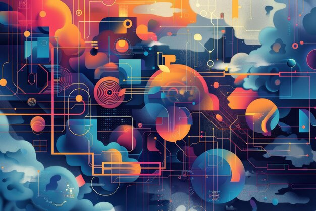 various vibrant shapes and lines create an abstract background filled with color and movement capture the potential of ai algorithms in optimizing cloudbased services with bold abstract designs