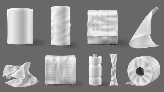 Photo various views of a realistic set of kitchen towel mockups with perforations isolated on transparent background 3d modern illustration of white hygiene tissue rolls for bathrooms or lavatories