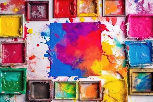 Various watercolor paints on a blank white background artist's frame in collage style