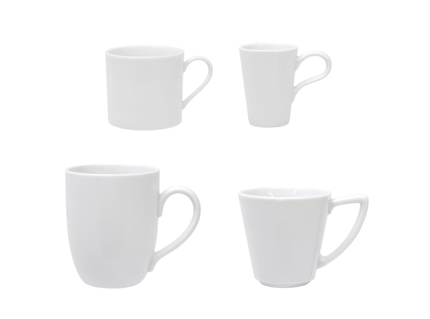 Various white coffee mugs isolated on white background