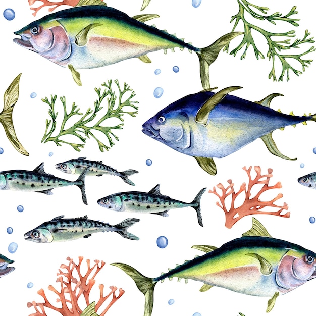 Various wild sea fish seamless pattern watercolor illustration isolated on white