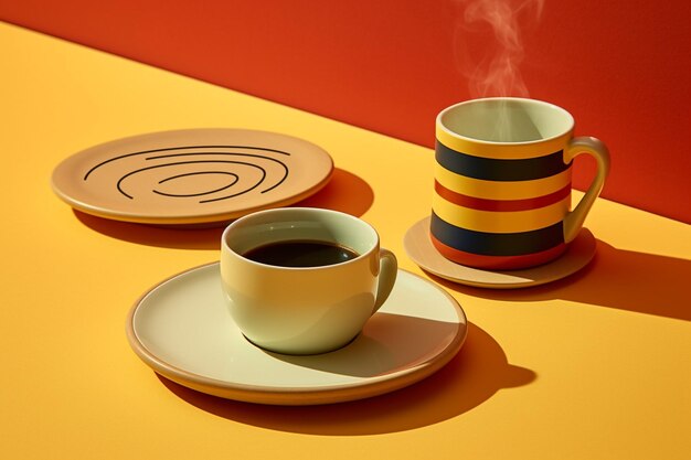 Various wireless devices on the yellow table and cup of coffee