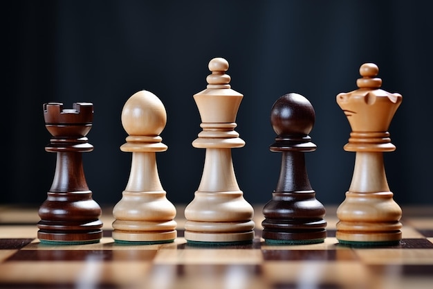 Различные деревянные шахматные фигуры в ряду Генеративный ИИ