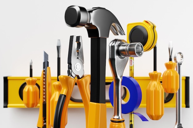Фото Различные рабочие инструменты для ремонта конструкции уровень отвертки, электрическая лента, молоток, ножницы, гаечный ключ и т. д. 3d иллюстрация