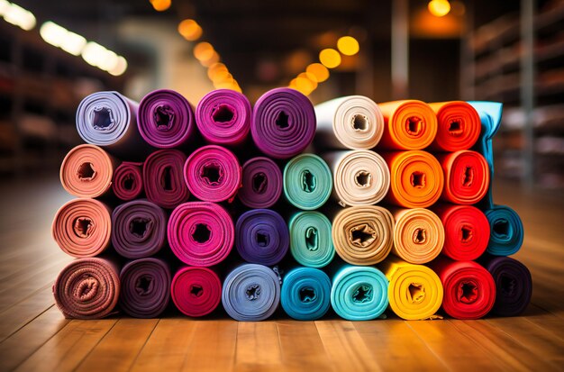 Various yoga mats lined up on stairs