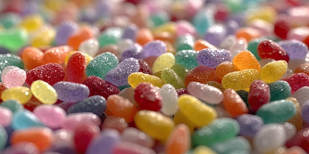 Variously colored jelly beans with sugar sprinkles sour rainbow candies in the background from above