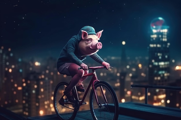 Varken op een fiets rijdt 's nachts op het dak van een wolkenkrabber Generatieve AI illustratie