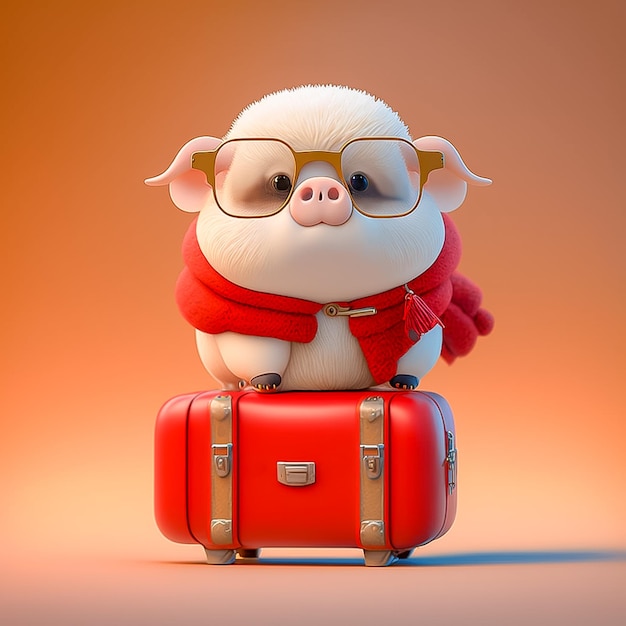 Varken op vakantie met zijn coole rode jas en door AI gegenereerde koffer