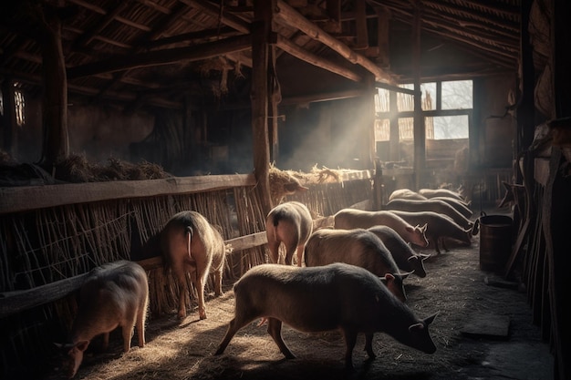 Varkens in een schuur met licht dat door het raam schijnt