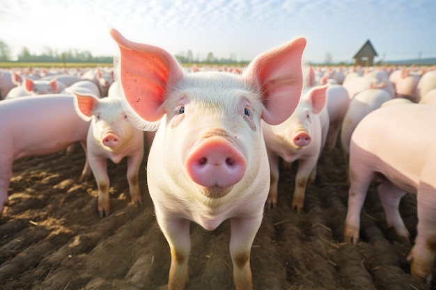 Varkens op de boerderij kijken naar de camera