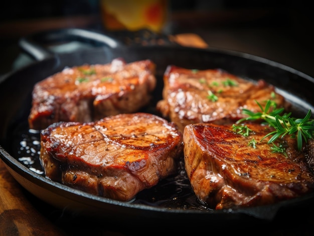 Varkensnek Steaks in een koekenpan close-up shot