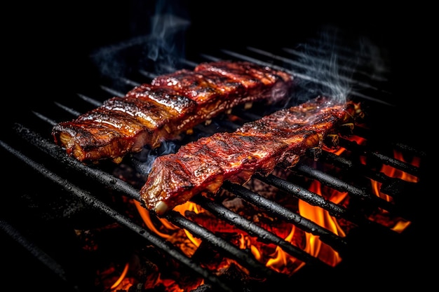 Foto varkensribbetjes koken op een bbq-grill